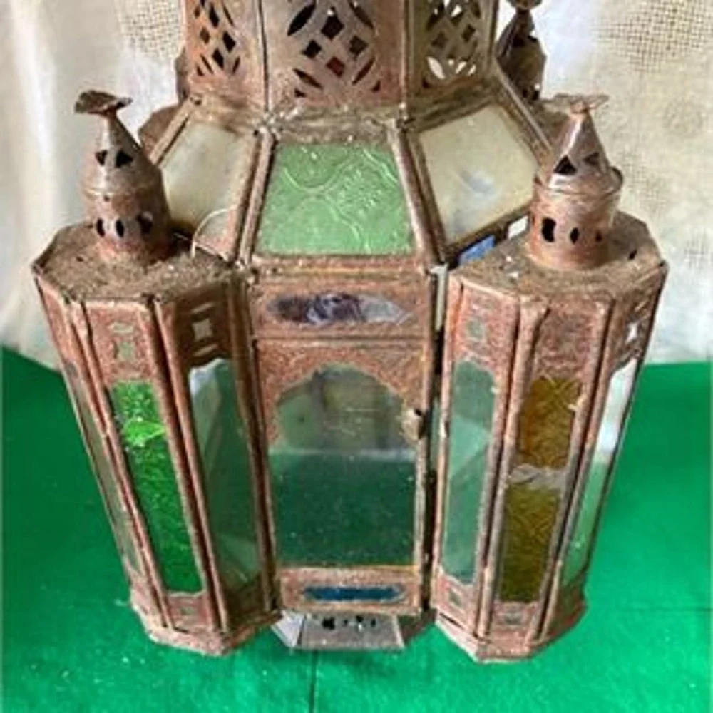 Vintage Moroccan Hanging Lantern Middle Eastern Metal Stained Glass Lamp Antique